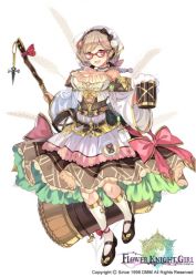 Rule 34 | 1girl, ahoge, bare shoulders, beer mug, black bow, black footwear, bow, braid, breasts, brown hair, choker, cleavage, copyright name, cup, dreamlight2000, dress, flower knight girl, full body, glasses, hammer, hat, hat bow, kneehighs, large breasts, layered dress, mug, mugi (flower knight girl), name connection, object namesake, official art, pink bow, red-framed eyewear, shoes, short hair, simple background, socks, solo, standing, twin braids, white background, white hat, white socks
