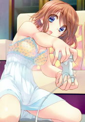 Rule 34 | 1girl, absurdres, amazuyu tatsuki, blue theme, breasts, brown hair, chemise, cleavage, floating hair, frilled chemise, gluteal fold, hair between eyes, highres, holding, indoors, kneeling, komaki manaka, leaning to the side, lingerie, medium breasts, open mouth, short hair, solo, to heart, to heart (series), to heart 2, underwear, white chemise