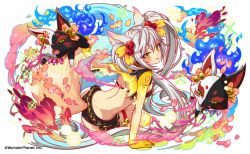 Rule 34 | 1girl, :p, animal ears, bell, bow, colorful, crash fever, ear ribbon, fox, fox ears, fox tail, kitsune, multicolored background, senko (crash fever), silver hair, swimsuit, tail, tongue, tongue out, twintails, yellow eyes