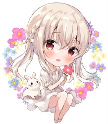 Rule 34 | 1girl, amedamacon, animal, blue flower, bow, braid, chibi, commentary request, dress, flower, full body, grey hair, hair between eyes, hair bow, highres, holding, holding flower, long hair, looking at viewer, original, pink flower, puffy short sleeves, puffy sleeves, purple flower, rabbit, red eyes, red flower, shoes, short sleeves, sitting, solo, twintails, very long hair, white background, white bow, white dress, white flower, white footwear