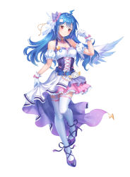 Rule 34 | 1girl, absurdres, ahoge, alternate costume, angel wings, bare shoulders, belt, bili girl 22, bilibili, blue hair, blush, breasts, carminar, cleavage, closed mouth, collarbone, corset, full body, garter straps, gloves, high heels, highres, long hair, looking at viewer, medium breasts, red eyes, simple background, smile, solo, standing, thighhighs, white background, white gloves, white thighhighs, wings