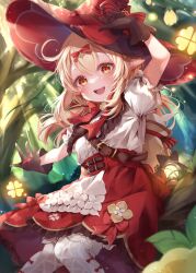 Rule 34 | 1girl, alternate costume, black gloves, blonde hair, genshin impact, gloves, hat, highres, klee (genshin impact), looking at viewer, medium hair, open mouth, pointy ears, red eyes, ryuna (inc moon), smile, solo, teeth, upper teeth only, witch, witch hat