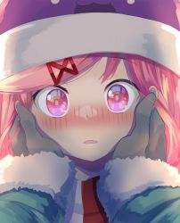 Rule 34 | 1girl, animal hat, black gloves, blush, close-up, commentary, doki doki literature club, english commentary, eye reflection, fur-trimmed sleeves, fur trim, gloves, hair ornament, hairclip, hands on another&#039;s cheeks, hands on another&#039;s face, hat, imminent kiss, natsuki (doki doki literature club), nose blush, parted lips, pink eyes, pink hair, pov, pov hands, reflection, solo focus, swept bangs, takuyarawr