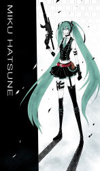 Rule 34 | 1girl, alternate costume, aqua eyes, armlet, bad id, bad pixiv id, bandages, black gloves, black thighhighs, boots, character name, flat color, gloves, green hair, gun, hairband, hatsune miku, headphones, highres, holding, holding gun, holding weapon, long hair, necktie, senano-yu, shadow, solo, thigh boots, thighhighs, trigger discipline, twintails, vocaloid, weapon