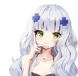 Rule 34 | 1girl, :3, alternate hairstyle, ankkoyom, bad id, bad pixiv id, bare shoulders, blunt bangs, blush, collarbone, commentary request, girls&#039; frontline, green eyes, hair ornament, hand on own cheek, hand on own face, highres, hk416 (girls&#039; frontline), jewelry, long hair, looking at viewer, nail polish, necklace, pink nails, ring, signature, silver hair, simple background, solo, tattoo, wavy hair, white background