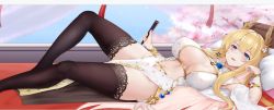 1girl, azur lane, black legwear, blonde hair, blue eyes, breasts, center opening, china dress, chinese clothes, cleavage, clothing cutout, dakimakura (medium), dress, fan, feet out of frame, folding fan, gold trim, hei ling, holding, holding fan, lace, lace-trimmed legwear, lace trim, large breasts, laurel crown, long hair, looking at viewer, lying, official alternate costume, on back, on bed, pelvic curtain, solo, stomach cutout, thighhighs, victorious (azur lane), victorious (guidance of the spring goddess) (azur lane), white dress