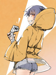Rule 34 | 1girl, :d, ass, back, bandaged arm, bandages, blue hair, brown eyes, clenched hand, commentary, cowboy shot, cutoffs, denim, denim shorts, from behind, from side, gradient background, grin, hand on own wrist, highres, hood, jacket, kanbaru suruga, looking at viewer, looking back, monogatari (series), notice lines, open mouth, raincoat, raised eyebrows, see-through, short hair, short shorts, shorts, smile, solo, standing, thick eyebrows, thomas (aoakumasan), triangle, yellow background, yellow jacket