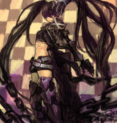 Rule 34 | 10s, armor, belt, black hair, black rock shooter, boots, chain, gauntlets, greaves, insane black rock shooter, long hair, midriff, mikebosi, purple eyes, scar, shorts, solo, thigh boots, thighhighs, twintails, vocaloid