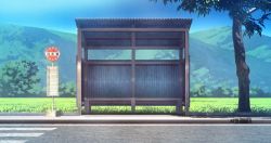Rule 34 | absurdres, bench, bus stop, color creation, commentary request, grass, highres, mountain, no humans, original, outdoors, scenery, tree