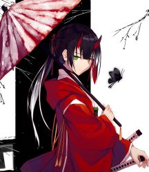 Rule 34 | 1girl, black background, black butterfly, black hair, bug, butterfly, closed mouth, dress, from side, gradient hair, green eyes, hair ribbon, horns, bug, katana, long hair, long sleeves, looking at viewer, multicolored hair, nagishiro mito, original, ponytail, red dress, red umbrella, ribbon, snow, solo, sword, twig, two-tone background, umbrella, upper body, weapon, white background, white hair