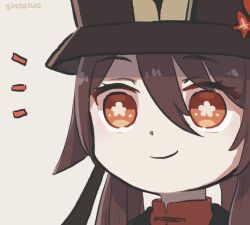 Rule 34 | 1girl, artist name, brown hair, chibi, commentary, english commentary, flower, genshin impact, hair between eyes, hat, hu tao (genshin impact), long hair, low twintails, orange eyes, porkpie hat, portrait, smile, solo, symbol-shaped pupils, twintails, white background, xinzoruo