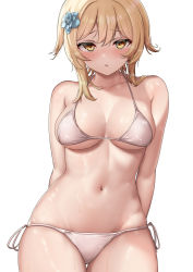 Rule 34 | 1girl, arms behind back, bare shoulders, bikini, blonde hair, blue flower, blush, breasts, collarbone, commentary request, cowboy shot, embarrassed, flower, genshin impact, hair between eyes, hair flower, hair ornament, highres, looking at viewer, lumine (genshin impact), medium breasts, navel, parted lips, revision, shiny skin, short hair, short hair with long locks, side-tie bikini bottom, simple background, solo, standing, stomach, straight-on, sweat, swimsuit, takenoko pengin, white background, white bikini, yellow eyes