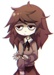 Rule 34 | 1girl, :|, bags under eyes, brown hair, care (petscop), chromatic aberration, closed mouth, daisy, flower, jitome, messy hair, pale skin, petscop, solo, wide-eyed, yatsunote