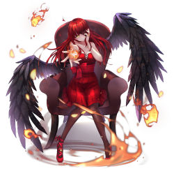 Rule 34 | 1girl, absurdres, bare shoulders, black pantyhose, black wings, blush, bow, breasts, cleavage, closed mouth, collarbone, dress, embers, eyepatch, fire, fire, hand on own cheek, hand on own face, hand up, highres, infinity (kkx132), jewelry, long hair, looking at viewer, nail polish, one eye covered, original, pantyhose, red bow, red dress, red footwear, red hair, ring, simple background, sitting, sleeveless, sleeveless dress, small breasts, smile, solo, white background, wings, witch, yellow eyes