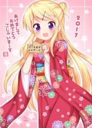 Rule 34 | 10s, 1girl, 2017, :d, artist name, blonde hair, blush, cherry blossoms, chinese zodiac, ema, floral background, floral print, furisode, hair ornament, hairclip, happy new year, highres, holding, japanese clothes, kimono, kin-iro mosaic, kujou karen, long hair, minato ojitan, new year, obi, open mouth, outline, pink background, print kimono, purple eyes, sash, silhouette, smile, solo, swept bangs, translated, very long hair, wide sleeves, year of the rooster