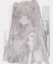 1girl blunt_bangs choker closed_mouth cropped_torso dress expressionless flat_chest flower flower_over_eye frilled_choker frills hair_flower hair_ornament juliet_sleeves kirakishou long_hair long_sleeves looking_at_viewer puffy_sleeves rose rozen_maiden sakin0 solo two_side_up white_background white_choker white_dress white_flower white_hair white_rose yellow_eyes