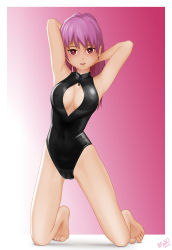 Rule 34 | 1girl, acerbi, barefoot, breasts, cleavage, feet, front zipper swimsuit, full body, highres, kneeling, large breasts, long hair, meme attire, one-piece swimsuit, original, pink hair, red eyes, simple background, solo, swimsuit, toes