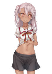 Rule 34 | 1girl, bad id, bad pixiv id, chloe von einzbern, clothes lift, collarbone, cowboy shot, dark-skinned female, dark skin, fate/kaleid liner prisma illya, fate (series), hand on own stomach, highres, homurahara academy school uniform, long hair, looking at viewer, midriff, mixed eye color, navel, nucomas, one side up, perfection, purple hair, school uniform, shirt lift, side ponytail, simple background, skirt, smile, solo, stomach, white background