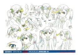 Rule 34 | 1girl, 2016, absurdres, ahoge, character sheet, dated, digimon, digimon universe: appli monsters, female focus, highres, karan eri, monochrome, multiple views, necktie, official art, scan, smile, standing, thighhighs, twintails