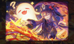 Rule 34 | 1girl, breasts, brown hair, chinese clothes, coat, fire, flower, flower-shaped pupils, genshin impact, ghost, hair between eyes, hat, hat ornament, highres, hu tao (genshin impact), jewelry, kanmai x sou, long sleeves, looking at viewer, one eye closed, plum blossoms, porkpie hat, red eyes, red shirt, ring, shirt, small breasts, symbol-shaped pupils