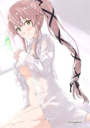 Rule 34 | 1girl, blush, bottomless, breasts, dress shirt, hair ribbon, kantai collection, long hair, looking at viewer, medium breasts, mikage takashi, naked shirt, navel, open clothes, open shirt, own hands clasped, own hands together, pink hair, ponytail, ribbon, shirt, sidelocks, smile, solo, window, yellow eyes, yura (kancolle)