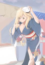 Rule 34 | 1girl, alternate costume, blonde hair, blush, breasts, character mask, cleavage, french battleship princess, highres, image sample, japanese clothes, kantai collection, kimono, large breasts, long hair, looking at viewer, mask, mole, obi, richelieu (kancolle), sash, solo, tiasis, twitter sample, yellow eyes