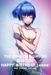 Rule 34 | 1girl, 2018, bandolier, birthday, blue hair, collarbone, crop top, closed eyes, highres, ichigai (hayawossan), leona heidern, midriff, muscular, ponytail, smile, snk, solo, tank top, the king of fighters, the king of fighters xiv
