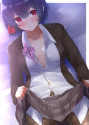 Rule 34 | 1girl, absurdres, blazer, blue hair, blush, bow, bowtie, breasts, cleavage, clothes lift, commentary request, hair ribbon, highres, idolmaster, idolmaster shiny colors, jacket, morino rinze, open clothes, open jacket, pantyhose, partially unbuttoned, red eyes, ribbon, school uniform, shirt, skirt, skirt lift, sweat, tutinako, untied