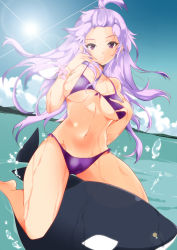 Rule 34 | 1girl, absurdres, bad id, bad pixiv id, bikini, breasts, cloud, day, earrings, highres, jewelry, large breasts, long hair, orca, original, outdoors, purple bikini, purple eyes, purple hair, riding, solo, sun, swimsuit, topknot, wet, whale, yusato