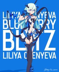 Rule 34 | 1girl, artist name, bare shoulders, black footwear, black gloves, blue background, blue eyes, blue hair, boots, character name, closed mouth, dress, gloves, highres, honkai (series), honkai impact 3rd, horns, liliya olenyeva, long hair, looking at viewer, single horn, sleeveless, sleeveless dress, solo, standing, tail, thigh boots, vanna, white dress