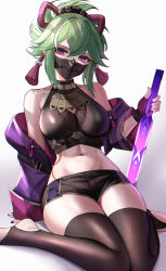 Rule 34 | 1girl, absurdres, arm support, bare shoulders, black shirt, black shorts, black thighhighs, chinese commentary, commentary request, crop top, eternity (shadeh), fingerless gloves, genshin impact, gloves, gradient background, green hair, grey background, head tilt, highres, holding, holding sword, holding weapon, jacket, kuki shinobu, long sleeves, looking at viewer, mask, midriff, mouth mask, nail polish, navel, off shoulder, open clothes, open jacket, ponytail, purple eyes, purple gloves, purple jacket, purple nails, revision, shirt, short hair, short shorts, shorts, sitting, sleeveless, sleeveless shirt, solo, stomach, sword, thighhighs, thighs, wariza, weapon, white background
