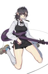 Rule 34 | 1girl, absurdres, apron, bearthemighty, black apron, black hair, bow, bowtie, chainsaw man, electric guitar, guitar, hair ornament, hairclip, higashiyama kobeni, highres, instrument, knife, knife in mouth, long sleeves, mechanical arms, messy hair, nervous, plectrum, ponytail, shoes, single mechanical arm, socks, sweat, weapon