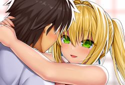Rule 34 | 1boy, 1girl, arms around neck, asamura hiori, black hair, blonde hair, blush, eye contact, fate/grand order, fate (series), fujimaru ritsuka (male), green eyes, hair between eyes, hair intakes, hetero, highres, light smile, looking at another, nero claudius (fate), nero claudius (fate) (all), nero claudius (swimsuit caster) (fate), open mouth, over shoulder, sidelocks, twintails