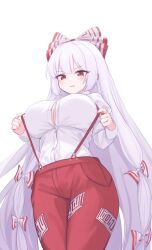 Rule 34 | 1girl, blush, bow, breasts, bsm (nerdmin), collared shirt, cowboy shot, fujiwara no mokou, hair bow, highres, large breasts, long hair, long sleeves, open mouth, pants, red eyes, red pants, shirt, simple background, solo, touhou, white background, white bow, white hair, white shirt