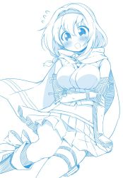 Rule 34 | 1girl, blue theme, blush, boots, breasts, creator connection, crop top, fingerless gloves, flying sweatdrops, furutani himawari, gloves, hairband, highres, knee boots, large breasts, looking at viewer, monochrome, navel, open mouth, short hair, simple background, sketch, skirt, smile, solo, takahero, white background, yuru yuri