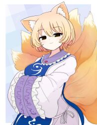 1girl absurdres animal_ear_fluff animal_ears blonde_hair blue_tabard closed_mouth commentary_request dress fox_ears fox_tail hands_in_opposite_sleeves highres kitsune long_sleeves looking_at_viewer multiple_tails rei_(tonbo0430) short_hair smile solo tabard tail touhou upper_body white_dress wide_sleeves yakumo_ran yellow_eyes