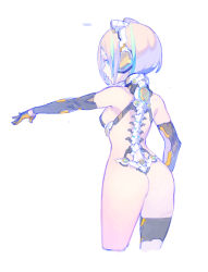 Rule 34 | 1girl, ass, blonde hair, blue eyes, breasts, closed mouth, cropped legs, enkyo yuuichirou, from behind, highres, looking at viewer, looking back, original, outstretched arms, short hair, simple background, small breasts, solo, spread arms, standing, white background