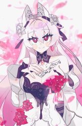 Rule 34 | absurdres, bare shoulders, black bow, black collar, blush, body writing, bow, breasts, bridal gauntlets, bright pupils, cleavage, collar, collarbone, commentary, cowboy shot, detached collar, detached sleeves, dress, flower, hair between eyes, hand on own chest, highres, honkai (series), honkai impact 3rd, large breasts, long hair, looking at viewer, mi (27782900), multicolored hair, red eyes, red flower, red hair, red petals, rose, sidelocks, symbol-only commentary, theresa apocalypse, theresa apocalypse (luna kindred), theresa apocalypse (lunar vow: crimson love), very long hair, white background, white dress, white flower, white hair, white pupils, white rose, white sleeves