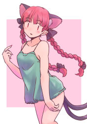 Rule 34 | 1girl, animal ears, blush, braid, camisole, cat ears, cat tail, collarbone, extra ears, fingernails, green camisole, kaenbyou rin, long fingernails, long hair, multiple tails, nail polish, open mouth, rangycrow, red eyes, red hair, red nails, sharp fingernails, solo, tail, touhou, twin braids, two tails