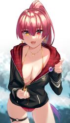 Rule 34 | 1girl, absurdres, alternate costume, arrow through heart, bikini, bikini under clothes, black jacket, blush, breasts, cleavage, collarbone, commentary request, contrapposto, cowboy shot, earrings, hair between eyes, highres, hololive, houshou marine, houshou marine (summer), jacket, jewelry, large breasts, long hair, looking at viewer, mixed-language commentary, necklace, open mouth, pink hair, ponytail, red bikini, red eyes, short shorts, shorts, skindentation, smile, solo, swimsuit, thigh strap, toby000777, unzipped, virtual youtuber, yellow eyes