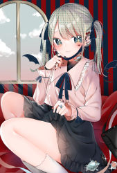 Rule 34 | 1girl, aqua eyes, aqua hair, black ribbon, earrings, fang, frills, hair ornament, hair ribbon, hatsune miku, heart, highres, jewelry, long hair, looking at viewer, mask, mask pull, mouth mask, open mouth, piercing, pink shirt, red background, ribbon, rousoku 6969, shirt, skin fang, smile, solo, thighs, twintails, upper body, vampire (vocaloid), vocaloid