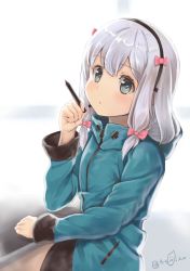 Rule 34 | 10s, 1girl, absurdres, artist name, blush, bow, eromanga sensei, from side, grey eyes, hair bow, hand up, highres, izumi sagiri, jacket, looking at viewer, parted lips, pink bow, signature, silver hair, solo, stylus, table, upper body, yonago miko