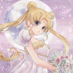 Rule 34 | 1girl, bishoujo senshi sailor moon, blonde hair, blue eyes, bouquet, bracelet, crescent, crescent facial mark, detached sleeves, double bun, dress, facial mark, flower, forehead mark, full moon, glitter, hair bun, hair ornament, hairclip, highres, holding, holding bouquet, jewelry, long hair, mira (momo5gavn9we), moon, parted bangs, princess serenity, red flower, red rose, rose, solo, tsukino usagi, twintails, very long hair, white dress
