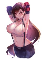 Rule 34 | 1girl, armpits, arms behind head, arms up, backlighting, bare shoulders, black gloves, black skirt, blush, breasts, brown hair, cleavage, closed mouth, collarbone, covered erect nipples, elbow gloves, elbow pads, final fantasy, final fantasy vii, final fantasy vii remake, gloves, highres, large breasts, long hair, looking at viewer, low-tied long hair, navel, red eyes, shirt, sideboob, simple background, skirt, solo, sunday se7en, suspender skirt, suspenders, sweat, tank top, taut clothes, taut shirt, tifa lockhart, white background, white tank top
