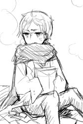 Rule 34 | 1boy, bad id, bad pixiv id, breath, envelope, greyscale, hands in opposite sleeves, holding, hongcha (roels), long sleeves, looking afar, male focus, monochrome, roels, scarf, scp foundation, simple background, sitting, solo, white background, winter clothes