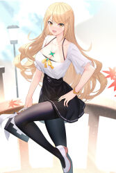 Rule 34 | 1girl, black pantyhose, black skirt, blonde hair, blush, breasts, cleavage, collarbone, commentary request, contemporary, duplicate, highres, jewelry, lamppost, large breasts, leaf, legs, long hair, long sleeves, looking at viewer, maple leaf, mythra (xenoblade), nail polish, necklace, open mouth, pantyhose, pixel-perfect duplicate, ririko (zhuoyandesailaer), shirt, short sleeves, skirt, smile, solo, swept bangs, white shirt, xenoblade chronicles (series), xenoblade chronicles 2, yellow eyes