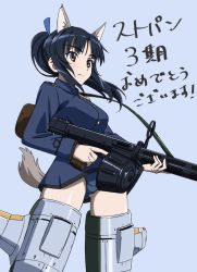 Rule 34 | 1girl, animal ears, bad id, bad twitter id, black hair, blue background, blue jacket, blue one-piece swimsuit, blue ribbon, brown eyes, closed mouth, commentary, congratulations, crotch seam, dog ears, dog tail, drum magazine, floating, frown, gun, hair ribbon, hattori shizuka, heavy machine gun, holding, holding gun, holding weapon, jacket, long sleeves, looking to the side, machine gun, magazine (weapon), medium hair, military, military uniform, one-piece swimsuit, ribbon, solo, strike witches, striker unit, swimsuit, swimsuit under clothes, tail, tomitsuka, translated, type 99 cannon, uniform, weapon, world witches series