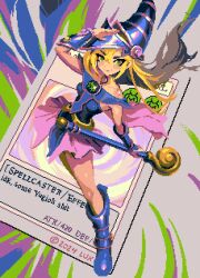 Rule 34 | 1girl, bare shoulders, blonde hair, blue footwear, blue hat, boots, card, dark magician girl, duel monster, english text, floating hair, green eyes, hat, holding, holding wand, long hair, multicolored background, pixel art, smile, solo, thisislux, wand, wizard hat, yu-gi-oh!