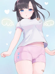 Rule 34 | 1girl, asymmetrical bangs, bandaid, bandaid on leg, bear, black hair, blue background, blue eyes, blush, breasts, cameltoe, cowboy shot, hair bobbles, hair ornament, heart, long hair, looking at viewer, medium breasts, open mouth, original, pantylines, pink shorts, shirt, short shorts, short sleeves, shorts, simple background, solo, standing, thighs, two side up, ushinomiya, white shirt, wings
