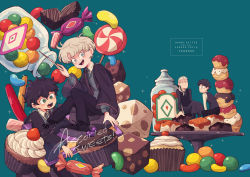 Rule 34 | 4boys, aged up, albus severus potter, amazou, black hair, black robe, blonde hair, blue eyes, candy, chocolate, cupcake, draco malfoy, father and son, food, glasses, green eyes, harry potter, harry potter (series), harry potter and the cursed child, hogwarts school uniform, holding, holding wand, jar, jelly bean, long hair, multiple boys, necktie, ponytail, robe, scar, scar on face, scar on forehead, school uniform, scorpius malfoy, short hair, slytherin, smile, striped neckwear, sweets, vest, wand, wizarding world